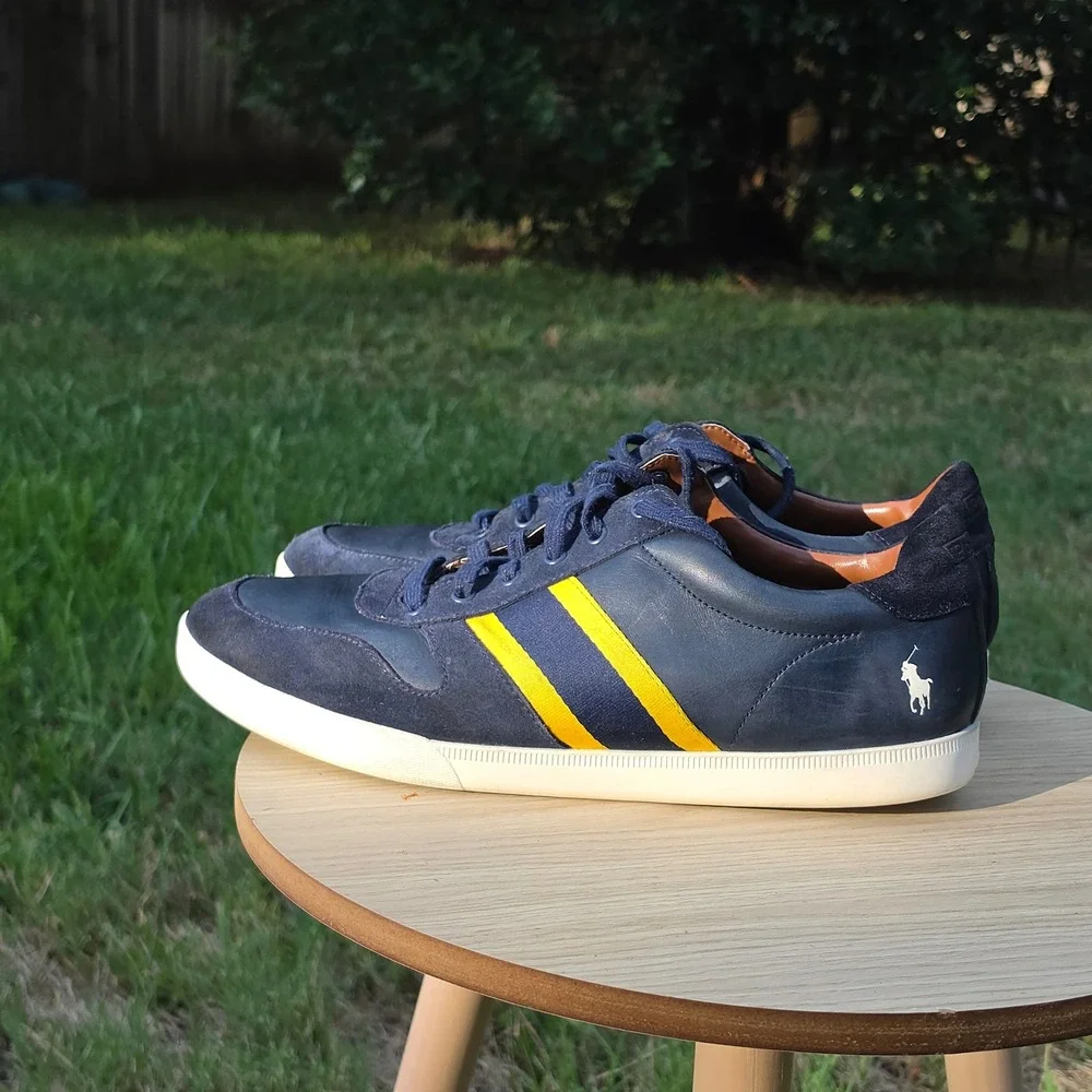 Polo Ralph Lauren Camilo II Mens Navy Blue Yellow Leather Suede Sneakers 13D